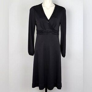 Talbots Petites Women's Black Fit & Flare Midi Dress Bead Neckline Waist Size 12